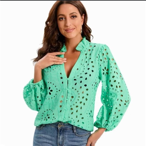SHEIN Green Eyelet Women's Blouse - Picture 1 of 6